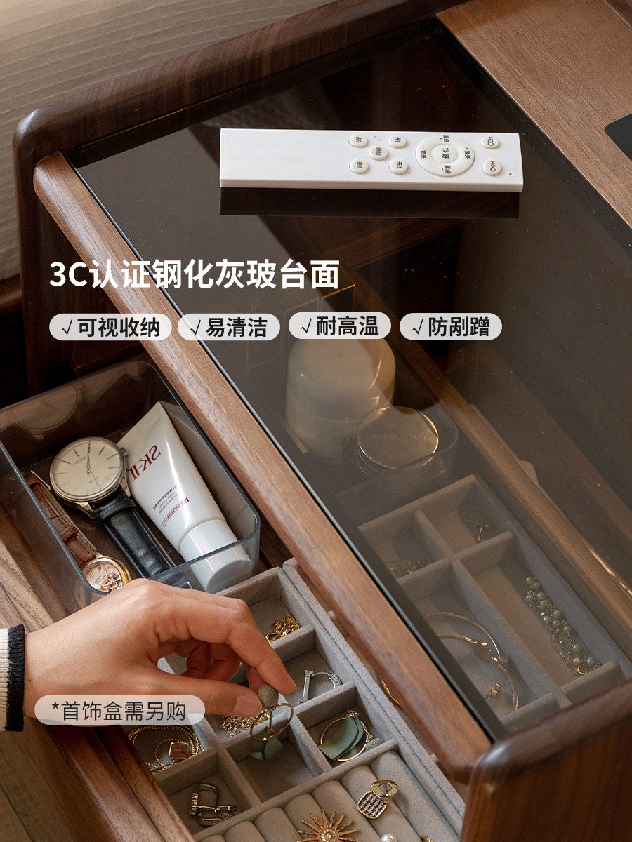 【预售20天】实木床头柜轻奢风带插座床边小柜子黑胡桃木抽屉柜